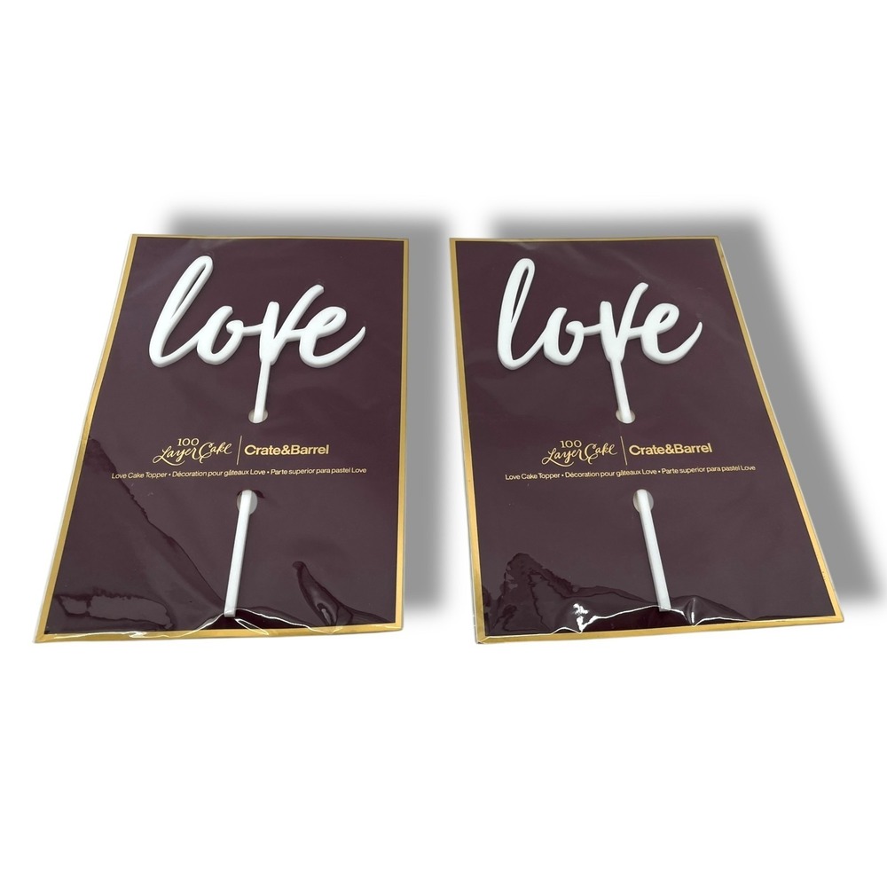 Crate & Barrel "LOVE" Cake Topper White Acrylic USA Made - Set of 2 - 4.5x8.25"